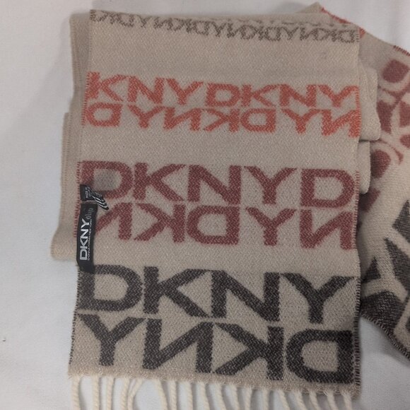 DKNY Wool Scarf Beige Brown Red Rectangle Rectangular Fringe Monogram Unisex O/S - Picture 2 of 9